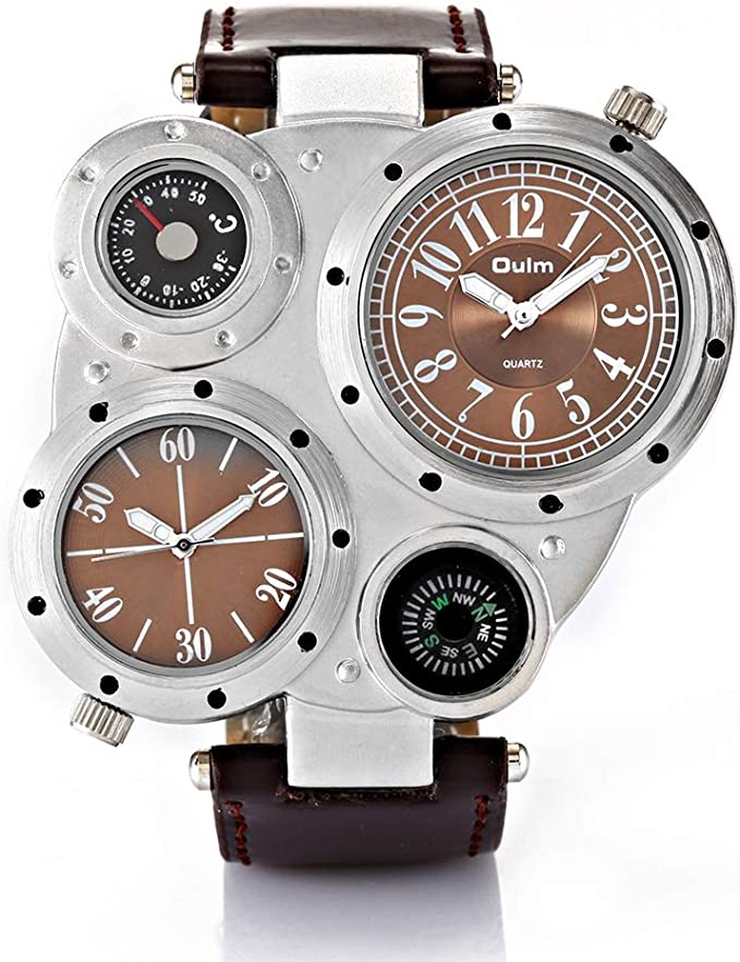 Oulm Men's Steampunk Dual Time Zones Unique Wrist Watch